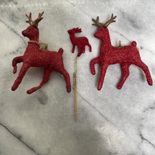 2 Vintage Red Flocked Reindeer Ornaments And 1 Small Red Reindeer Pick