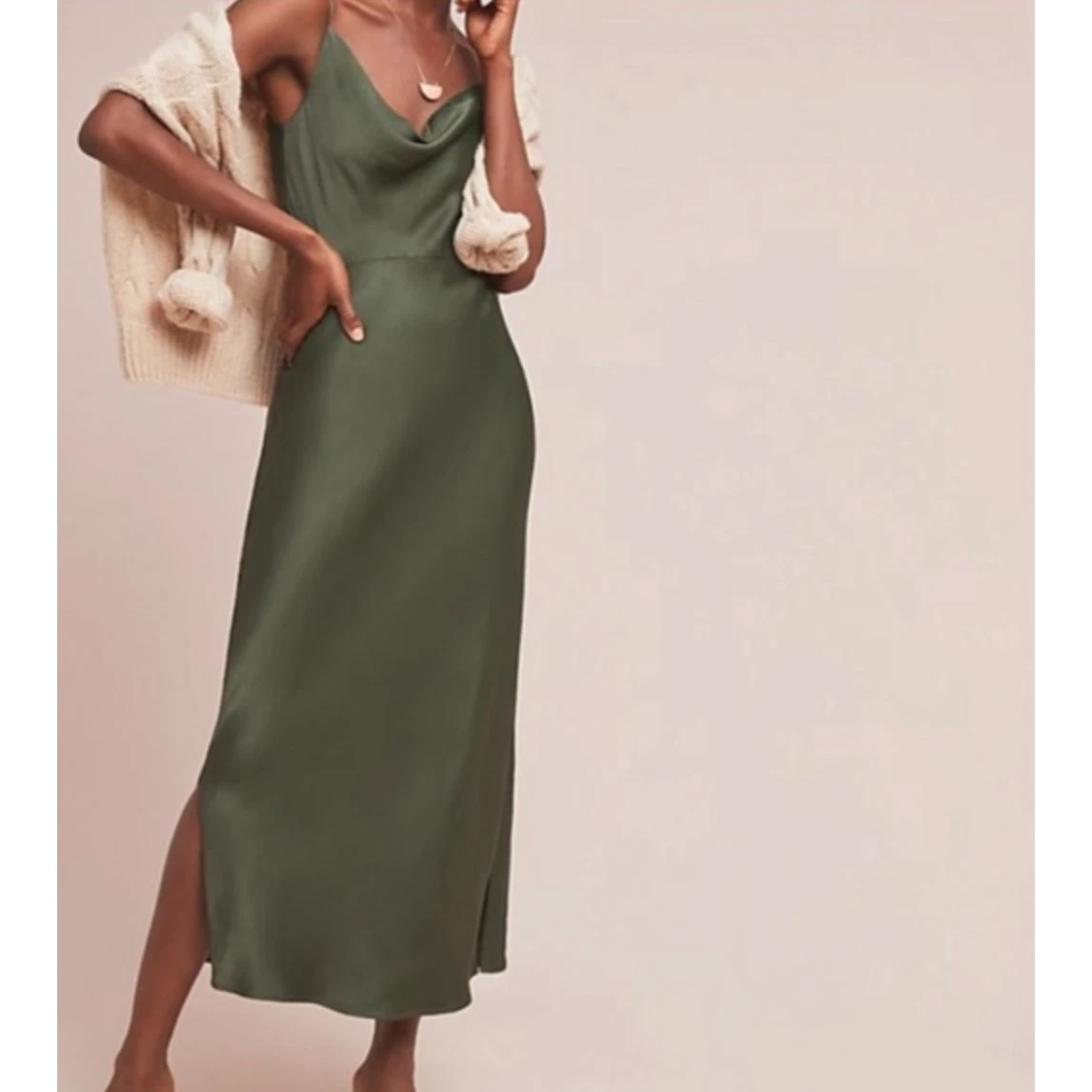 Anthropologie Satin Cowl Sleeveless Slip Maxi Green Dress Women s