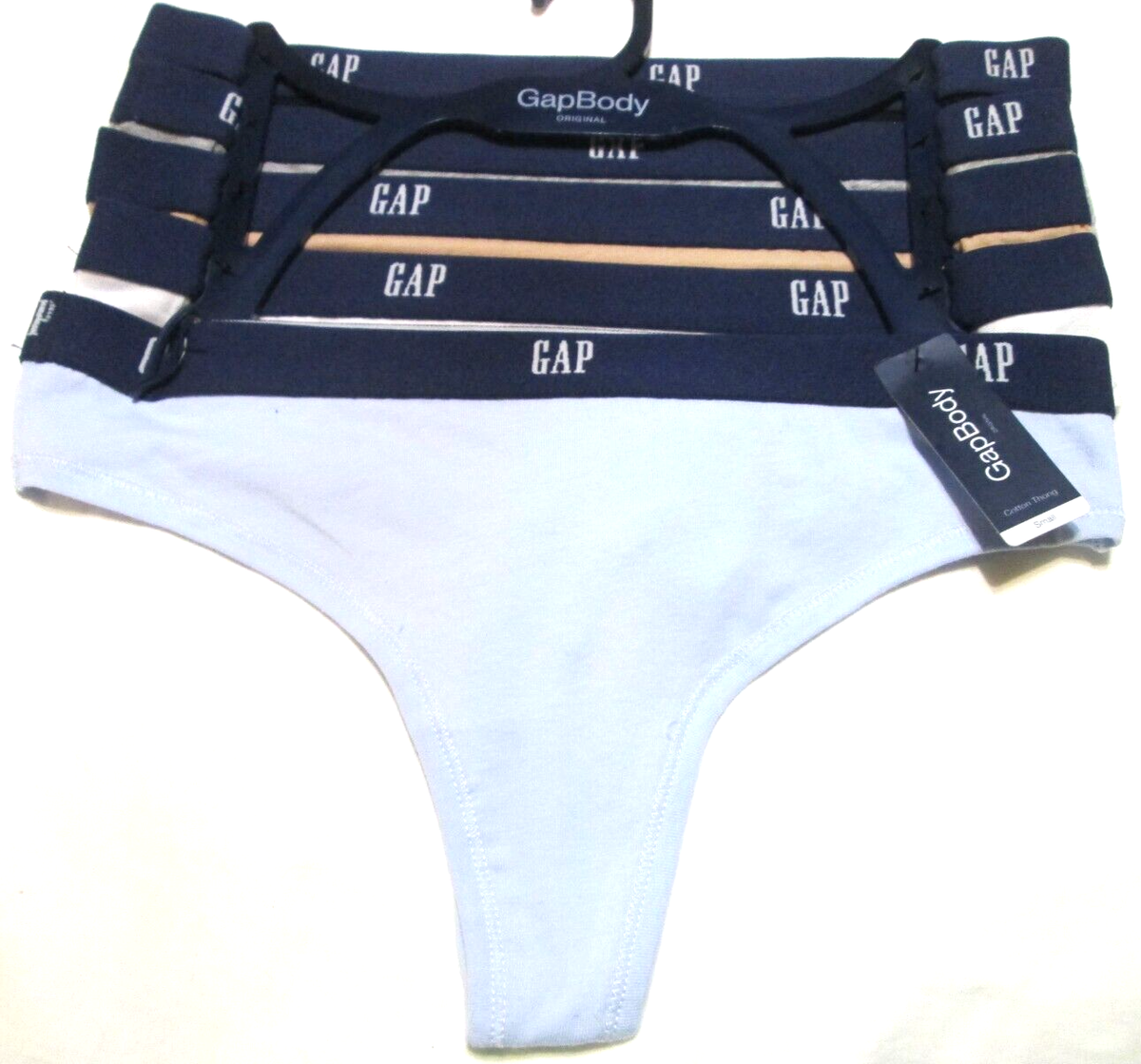 GapBody ladies'-5 Pk-cotton BL Thong Panties Sz S-solids