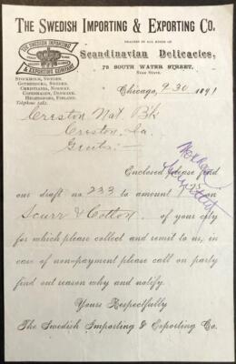1891 Document from The Swedish Importing & Exporting Co. Chicago ...