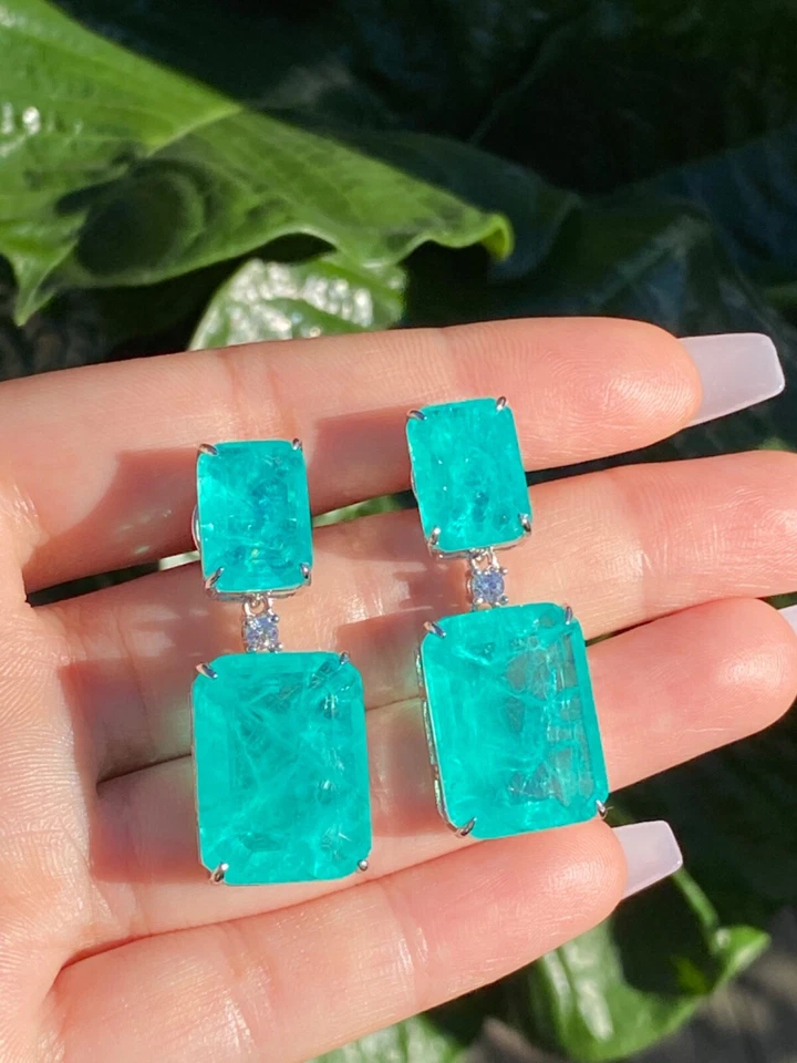 Mesmerizing glowing natural paraiba tourmaline earrings necklace jewelry set 925 - Image 2 of 4