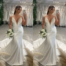 Mermaid Satin Wedding Dresses Spaghetti Straps Beaded Sweep Train Bridal Gowns