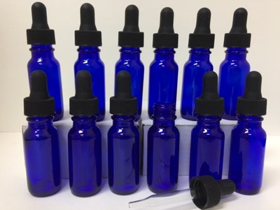 12 COBALT BLUE 1/2oz GLASS BOSTON ROUND BOTTLES WITH GLASS DROPPERS 15ML 