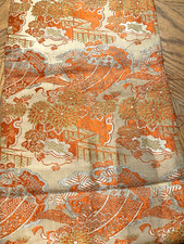 Japanese Vintage Brocade Silk Obi Sash Belt Orange Kimono Textile Table Runner