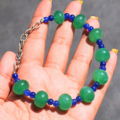 Schönes Damenarmband rund 130 kt grün & blau Onyx Perlen AK 35 E476
