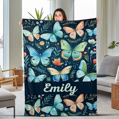 Personalized Butterfly Plush Flee Blanket Butterflies&Flower Blanket Custom Name