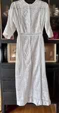 Antique VTG Edwardian Cotton Embroidered White Tea Lawn Weeding Dress XS-S