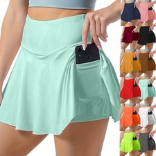 Womens Plain Sports Skorts Gym Yoga High Waist Shorts Mini Skirt Dress + Pockets