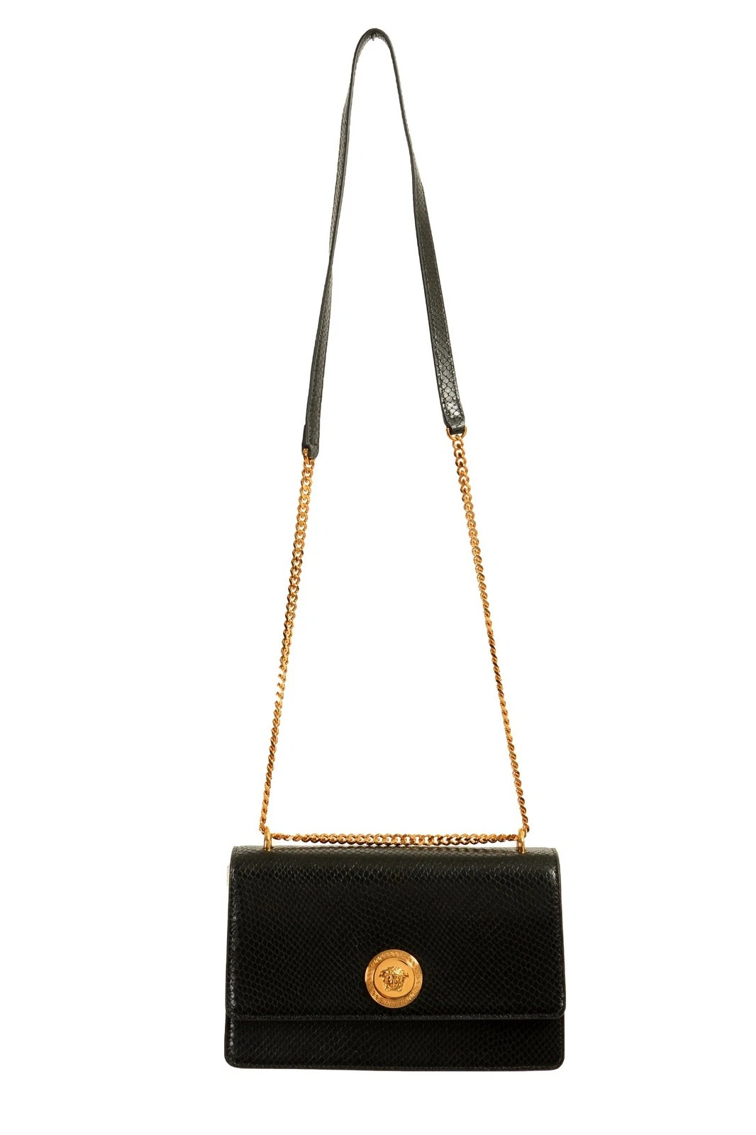 Versace — Versace Black 100%Leather SnakeSkin Print Gold Medusa Chain Handbag Shoulder Bag