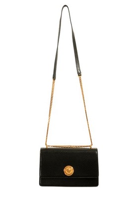 Versace Black 100%Leather SnakeSkin Print Gold Medusa Chain Handbag Shoulder Bag