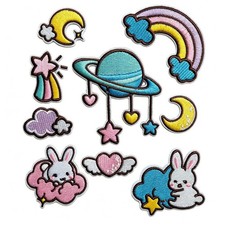 9PCS Cartoon Rainbow Stars Moon Kawaii Iron On Patch, Embroidered Sew On Patc...
