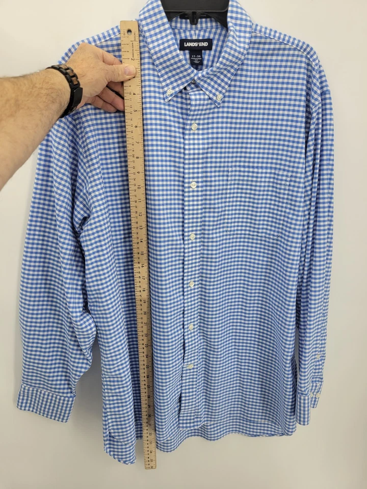 Lands End Shirt Mens 17 35 Blue Check Long Sleeve Button Up Casual Preppy Office - Image 4 of 4