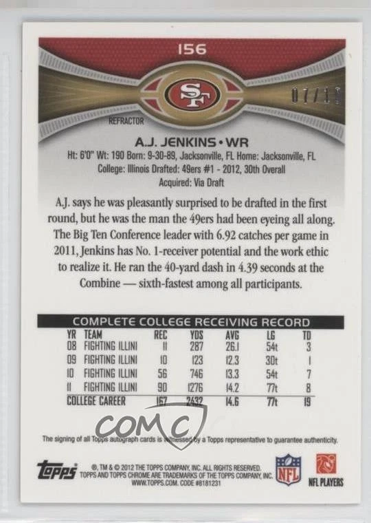 2012 Topps Chrome Gold Refractor Rookie Auto /10 AJ Jenkins #156 Auto RC - Image 2 of 2