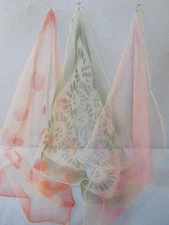VTG sheer small scarf (lot 3 scarves) (pink & green & orange) approx. 24” square