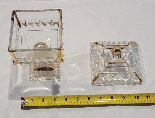 Jeanette Glass - Pedestal Wedding Box - Candy Dish And Lid - Gold Trim - Vintage