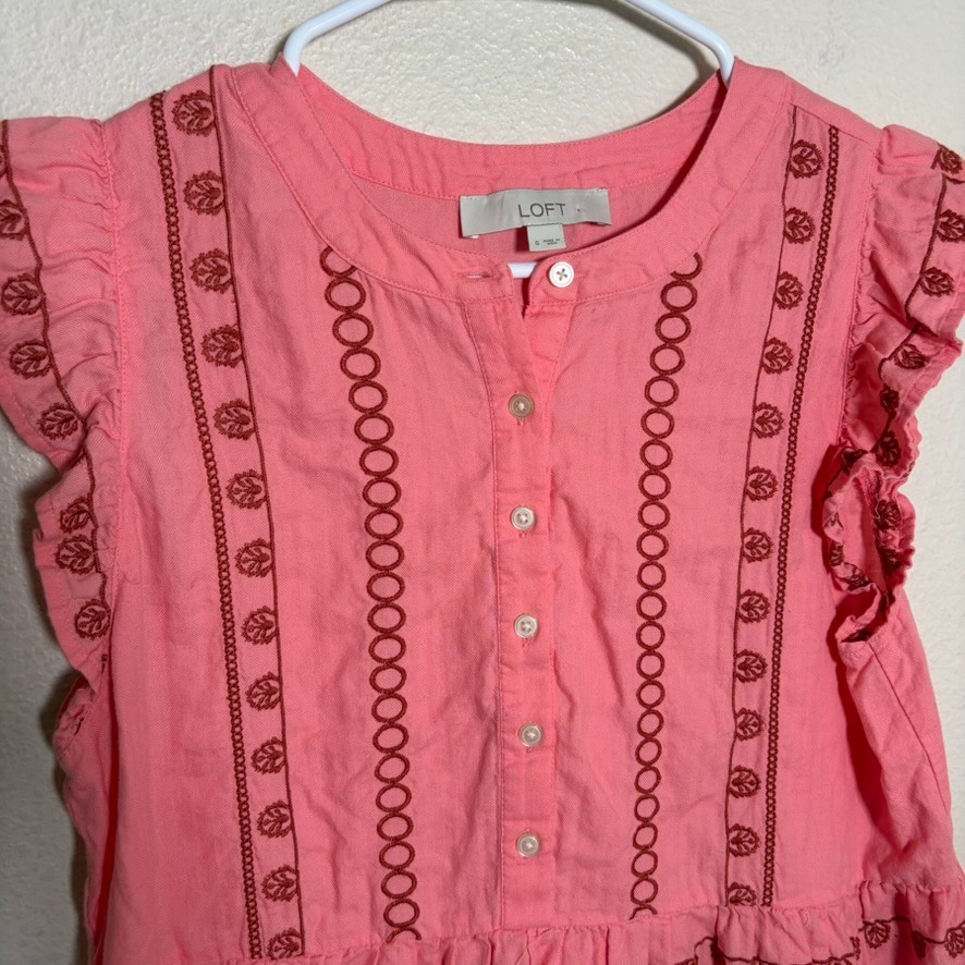 Loft Blouse Women's Small Pink Embroidered Button Popover Ruffle Boho Top
