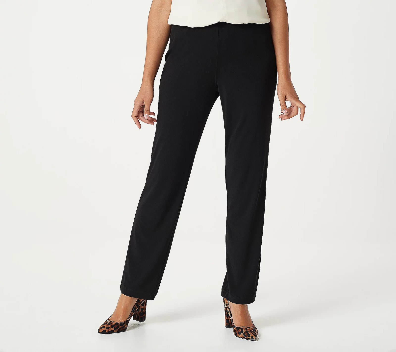 Susan Graver Petite Essentials Liquid Knit Straight Leg Pants Black L New
