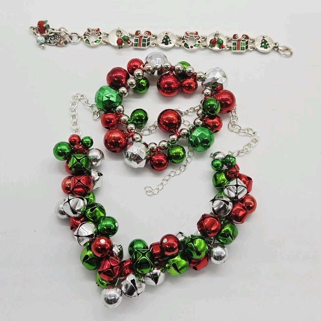Christmas Necklace & Stretch Bracelet Set 3 pc Jingle Bell Red Green Silver tone