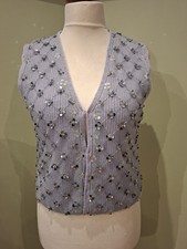 ZARA Lilac Crochet Knitted Vest Waistcoat Top Sparkly Silver Sequin Size L New