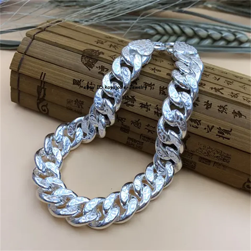 Solid 999 Fine Silver Chain 7mm-18mm Fu Pattern Cuban Curb Link Bracelet 6-9inch - Image 4 of 4