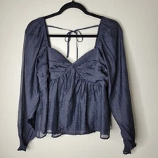 Kittenish L Blue Sheer Long Sleeves Smocked Wrists Sweatheart Neck Blouse