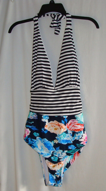 CUPSHE Multi-Color FLORAL & STRIPE Self-tie HALTER TANK 1pc SWIMSUIT Sz LARGE
