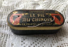 Antique French Le Fil Au Chinois Tin Yarn Cotton Dispenser Craft Room Tin 1920s