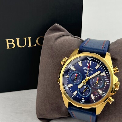 Bulova Marine Star 43MM Blue Dial Gold Tone Stainless Quartz Men's Watch 97B168