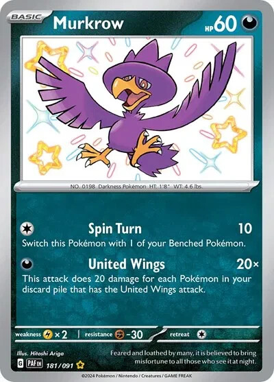 Murkrow - 181/091 - Paldean Fates Shiny - NM - Pokemon