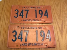 Vintage License Plate IL 347 194 Land of Lincoln 1969 Set of 2