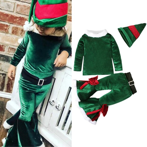 Kids Girls Suit Christmas Cosplay Patchwork Pullover Tops Pants Hat Belt Outfits - Picture 2 of 14