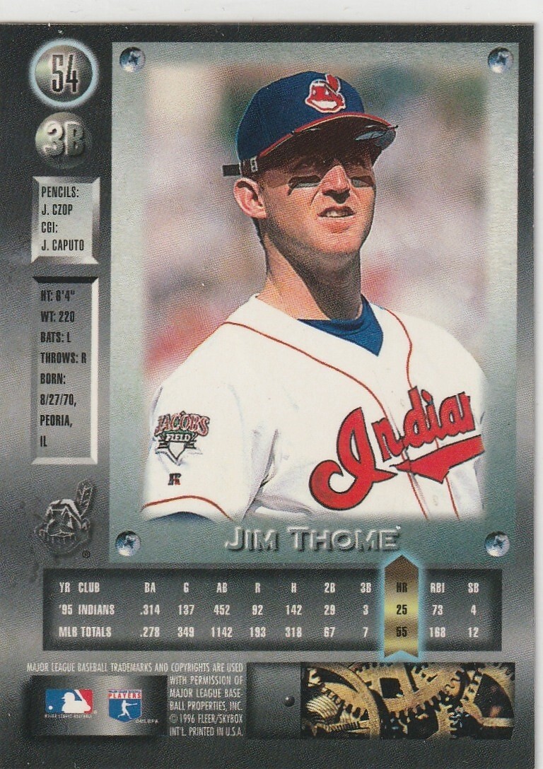 メジャーリーガー Jim T バット付きカード 1996 Metal Universe JIM THOME card #54 CLEVELAND INDIANS Baseball