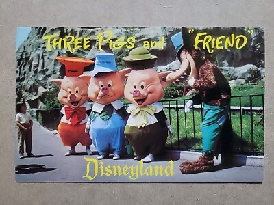 Vintage Unused Postcard Disneyland Three Pigs and Friend Wolf Fantasyland