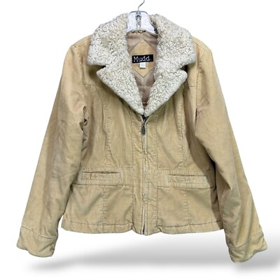 Vintage Y2K Mudd Jacket Size L Tan Corduroy Fur Trim Collar Zip Coat 2000s 70s