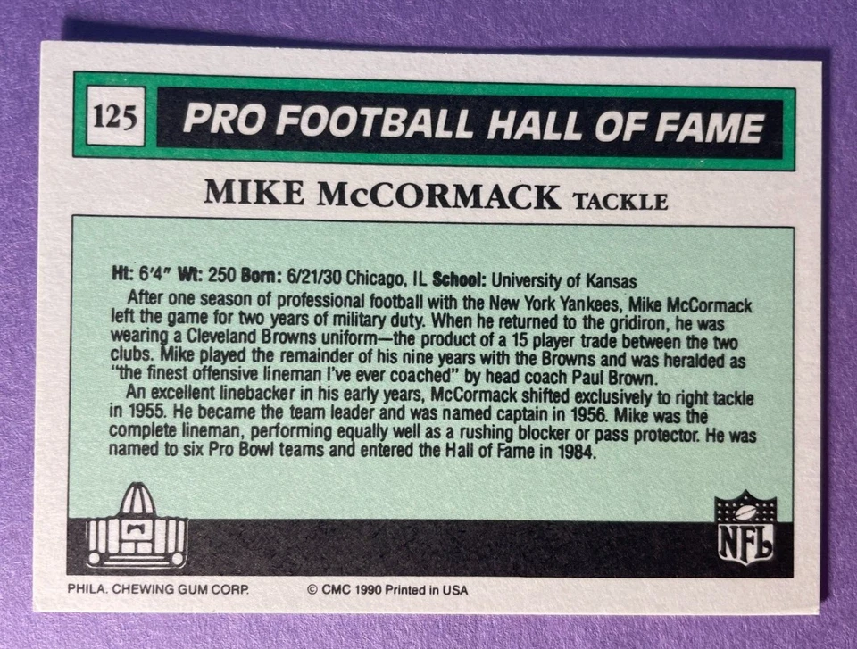 SIGNED MIKE McCORMACK 1990 SWELL FOOTBALL CARD AUTOGRAPHED - HOF - BROWNS - Image 2 of 2