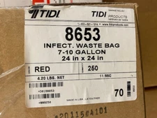 1 Case/250 Tidi 8653 Infect Waste Bag 7-10 Gallon  24" X 24" 11 Mic Red