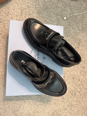 Prada Women's Black Leather Triangle Logo Loafers Shoes Size EU:40 US:10