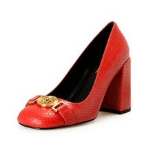 Versace Women's Gold Medusa Red Leather High Heel Pump Shoes US 9 IT 39