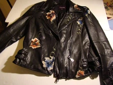 Vigoss Jacket Black Faux Leather Floral Embroidered Studded Double Zipper Large