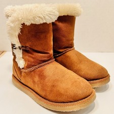 Kids Boots Mini Fluff Chestnut Suede Shearling Button Side Pre-Own Youth Size 12