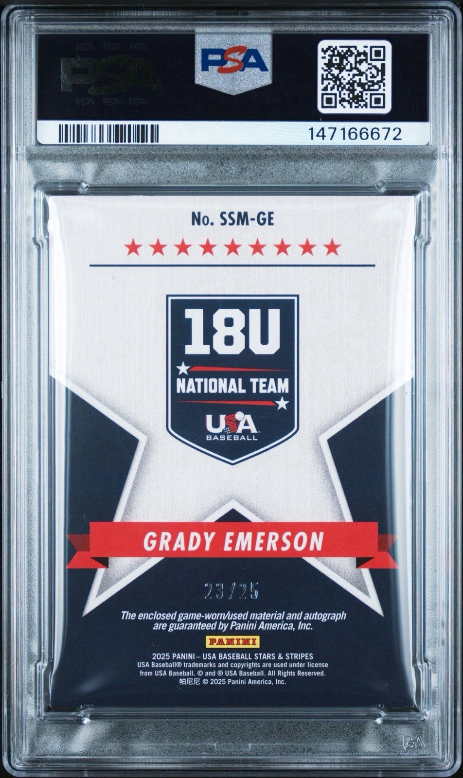 2025 Stars & Stripes Grady Emerson /25 * Red Ink * Auto PSA 10 USA Baseball SSP view 2