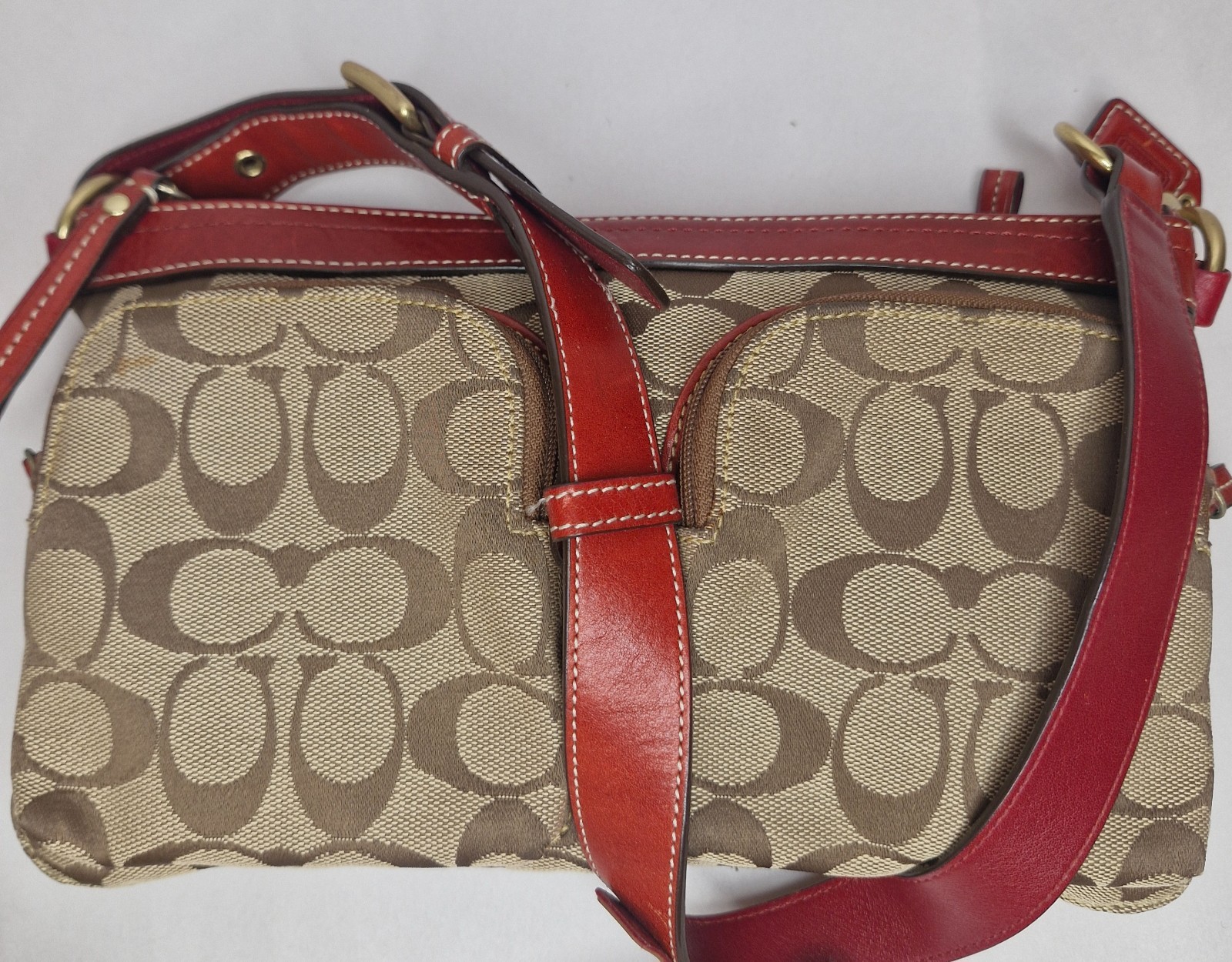 Coach Canvas and Red Leather Classic Logo Clutch Shoulder Bag Gold Hardware image 3