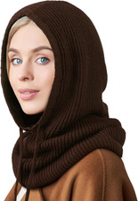 Hooded Scarf Hat Knit Balaclava Women Beanie Skull Cap with Drawstring Warm