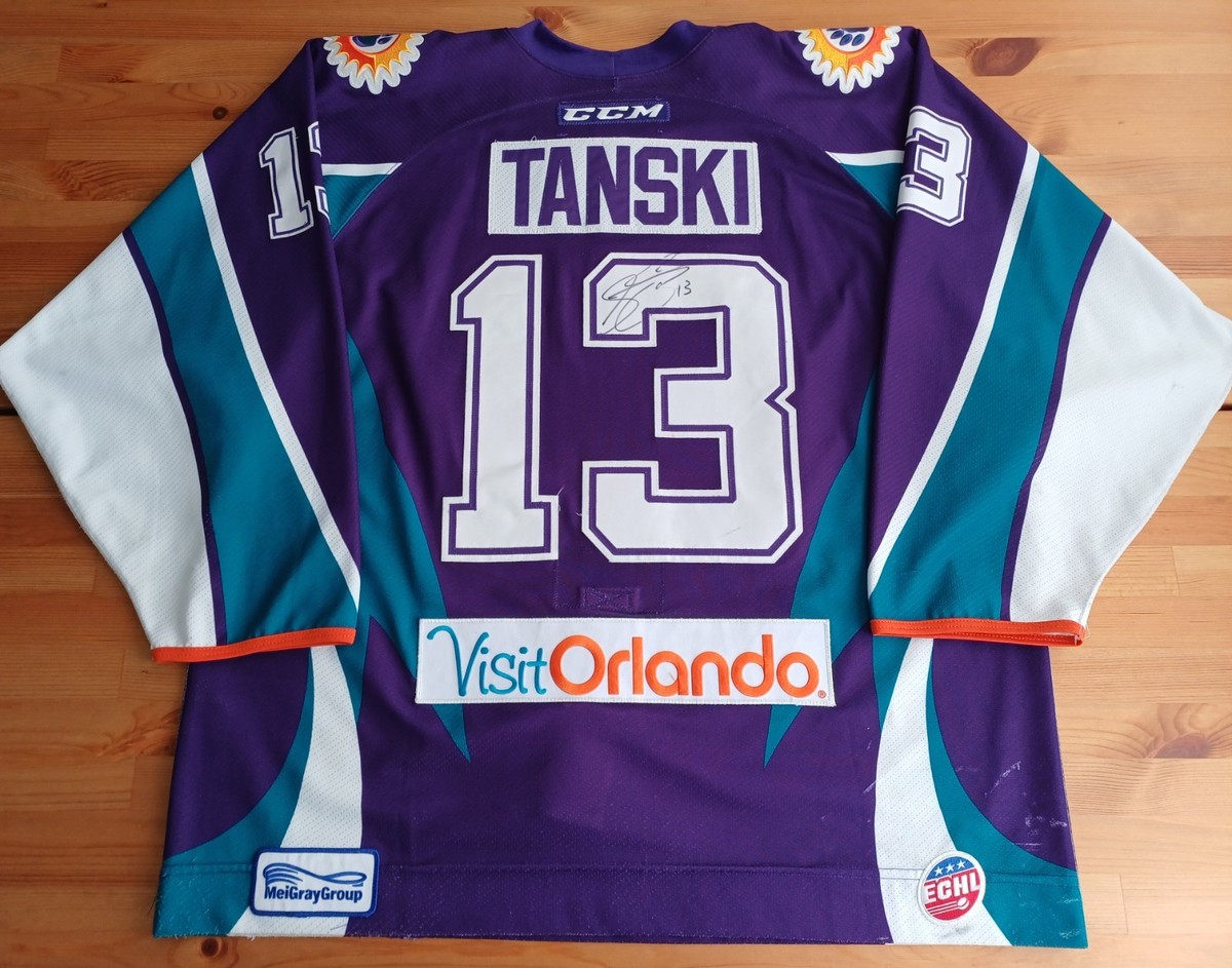 Game Worn 56 CCM Orlando Solar Bears Purple Teal #13 Tanski Auto'd