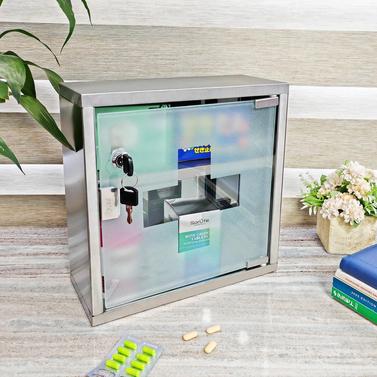 Locking Stainless Steel Medicine Cabinet, 2 Tier Wall Mounted Storage Cabinet...