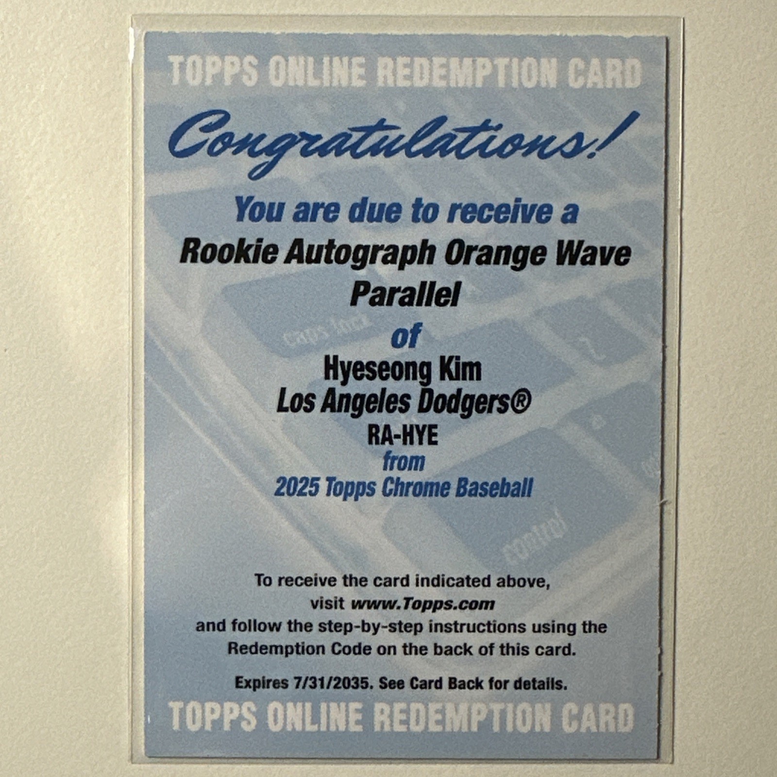 2025 Topps Chrome Hyeseong Kim Orange Refractor Rookie Autograph /25 Redemption