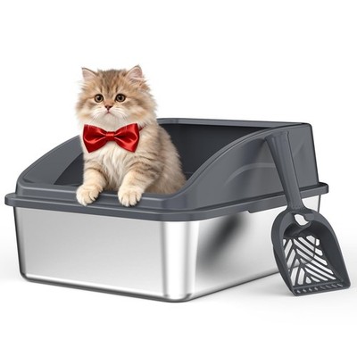 AIPERRO Stainless Steel Litter Box | Metal Kitty Litter Box with Lid High Sided