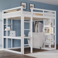 Hochbett Massivholz 140x200cm mit Tisch Regalen Weiß Kinder Jugend Doppelbett