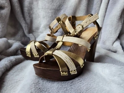 (M121 991) 👡 Sandales à talons SAN MARINA – Cuir doré & plateforme bois – T.35 - Photo 1/4