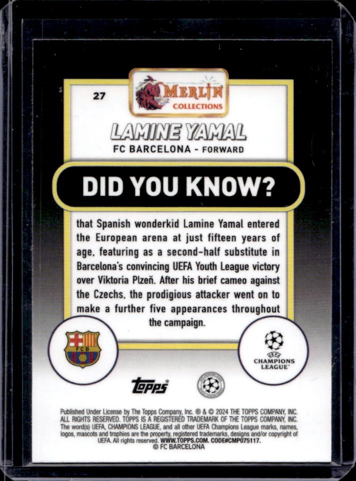 2023-24 Topps Chrome Merlin UEFA Lamine Yamal RC Rookie #27 Barcelona view 2